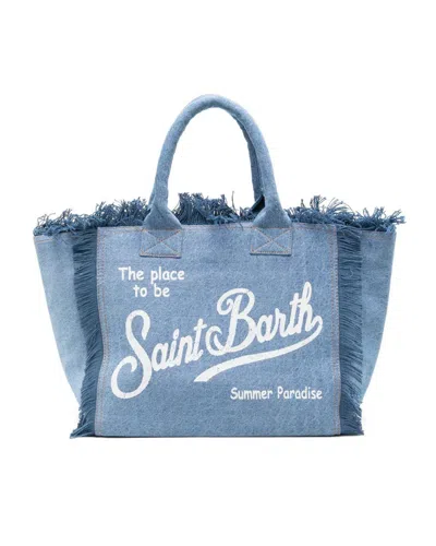Mc2 Saint Barth Fringed Denim Tote Bag With Internal Flap And Zippered Pocket In Blue