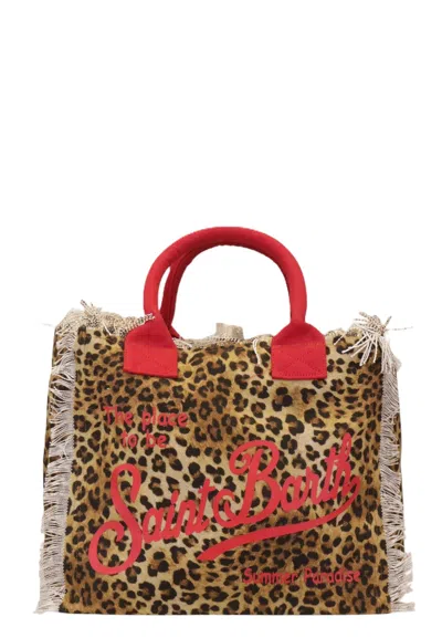 Mc2 Saint Barth Fringed Leopard Print Tote Bag With Red Accents In Multi