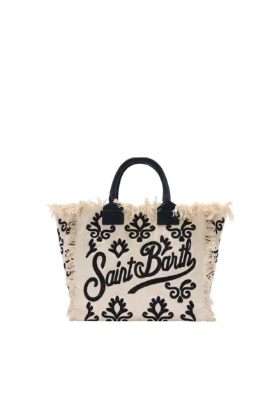 Mc2 Saint Barth Fringed Natural Beige Tote Bag With Black Detailing In Multi