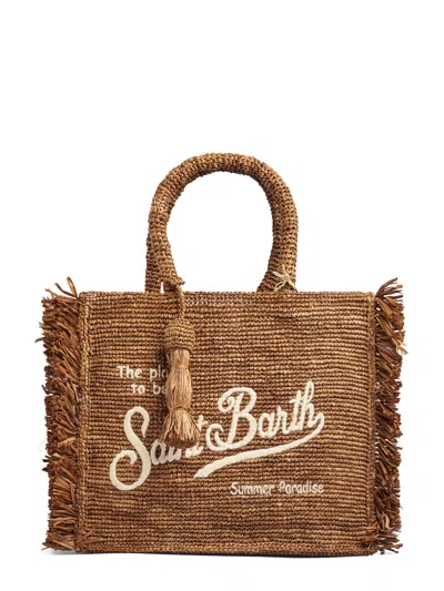 Mc2 Saint Barth Fringed Raffia Handbag With Decorative Tassel In Brown