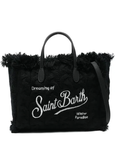 Mc2 Saint Barth Kids' Fringed-trim Logo-embroidered Tote Bag In Black