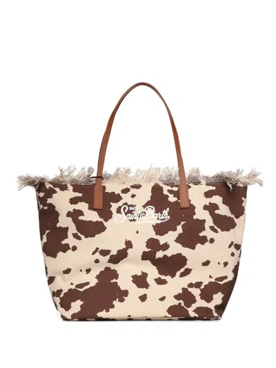 Mc2 Saint Barth Fringed-details Cow-print Cotton Tote Bag In Neutral