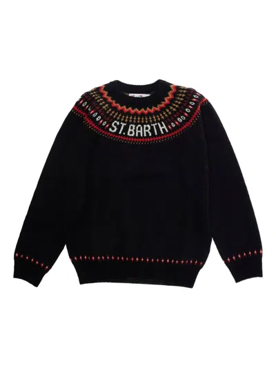 Mc2 Saint Barth Kids' Geometric Embroidered Crewneck Sweater In Black