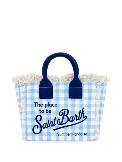 Mc2 Saint Barth Gingham Fringed Tote Mini Bag In Blue