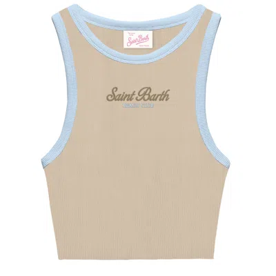 Mc2 Saint Barth Girl Blue With Brown Rib-knit Cotton Crop Tank