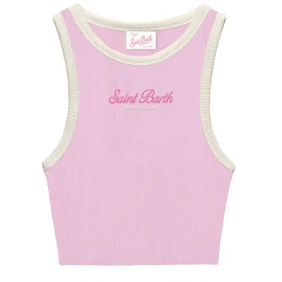 Mc2 Saint Barth Girl Brown With Pink Rib-knit Cotton Crop Tank