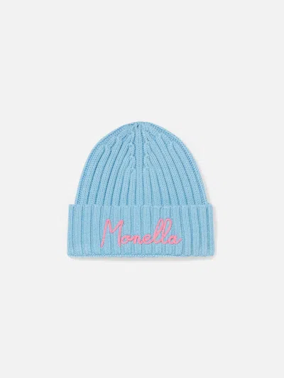Mc2 Saint Barth Girl Turquoise Beanie With Monella Embroidery In Sky