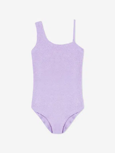 Mc2 Saint Barth Kids' Girls Crinkle One Shoulder Swimsuit In Purple
