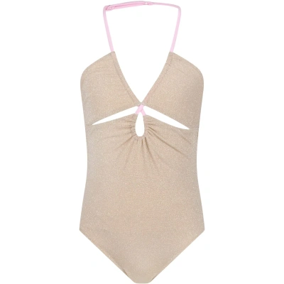 Mc2 Saint Barth Kids' Gold Swimsuit For Girl With Logo