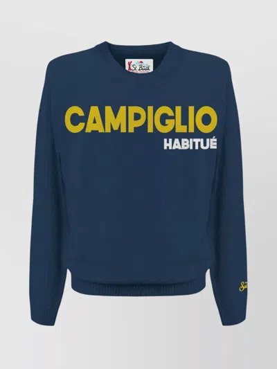Mc2 Saint Barth Graphic Print Crew Neck Long Sleeve Sweater In Blue