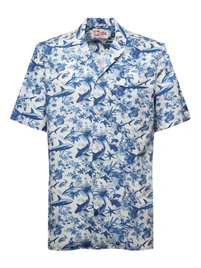 Mc2 Saint Barth Graphic Print Linen Shirt With Classic Collar In Blue
