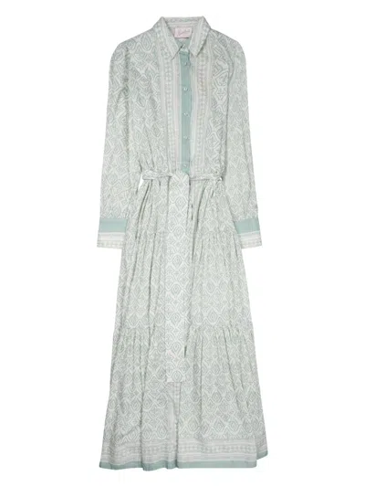 Mc2 Saint Barth Midi-length Dress With Geometric Pattern And Matching Belt In White