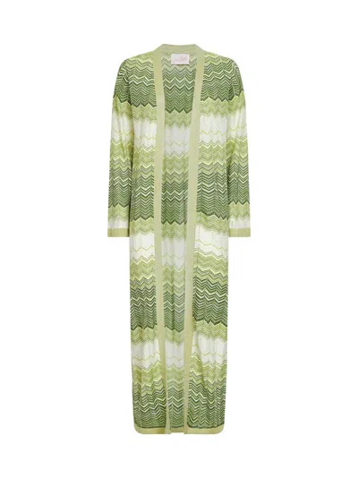 Mc2 Saint Barth Green Zigzag Lurex Knit Tonia Long Cardigan