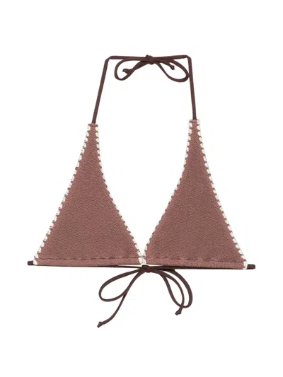 Mc2 Saint Barth Guiana Crinkle Embroidered Bikini Top In Brown