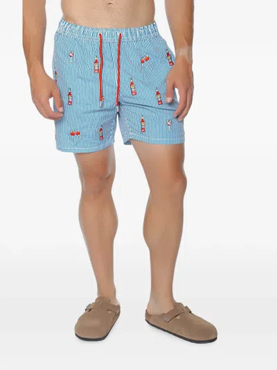 Mc2 Saint Barth Gustavia Embroidered Striped Swim Shorts In Blue