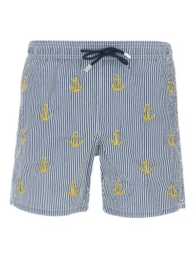 Mc2 Saint Barth Gustavia Striped Anchor-embroidered Swim Shorts In Blue