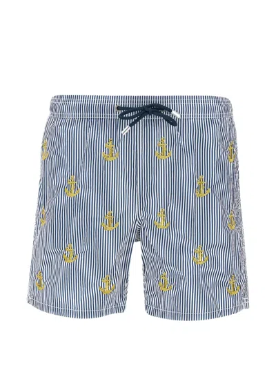 Mc2 Saint Barth Gustavia Striped Anchor-embroidered Swim Shorts In Blue