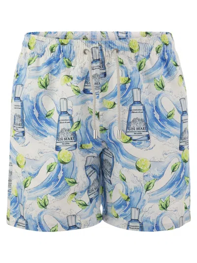 Mc2 Saint Barth Gustavia Swimming Costume With Gin Mare Print Special Edition In Blue