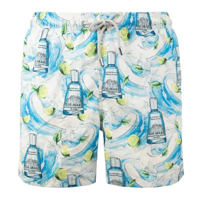 Mc2 Saint Barth Gustavia Swimsuit With Gin Print | Gin Mare Special Edition In Light Blue, White
