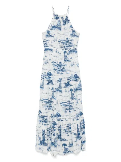 Mc2 Saint Barth Halterneck Maxi Dress With Scenic Blue And White Print