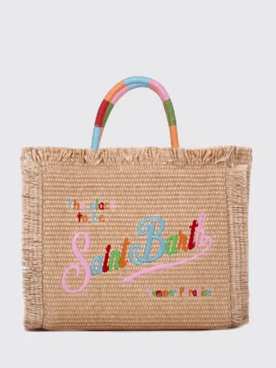 Mc2 Saint Barth Colette Raffia Bag With Embroidered Logo And Floral Print In Brown