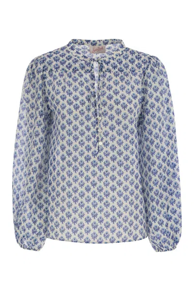 Mc2 Saint Barth Lace-fastening Floral-pattern Harper Blouse In Blue