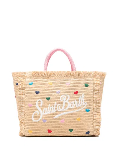 Mc2 Saint Barth Heart-embroidered Frayed Tote Bag In Brown