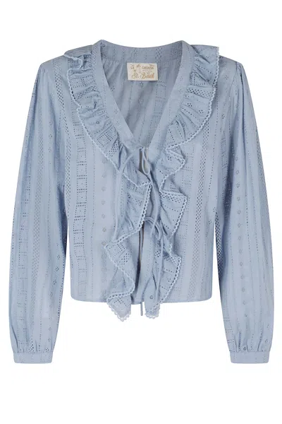 Mc2 Saint Barth Heavenly Evie Sangallo Lace Ruffled Cotton Blouse In Blue
