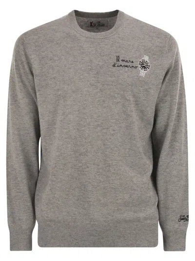 Mc2 Saint Barth Heron - Crew Neck Jumper With Embroidery On The Chest In Gray