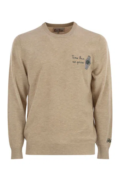 Mc2 Saint Barth Heron - Crew Neck Jumper With Embroidery On The Chest In Nude
