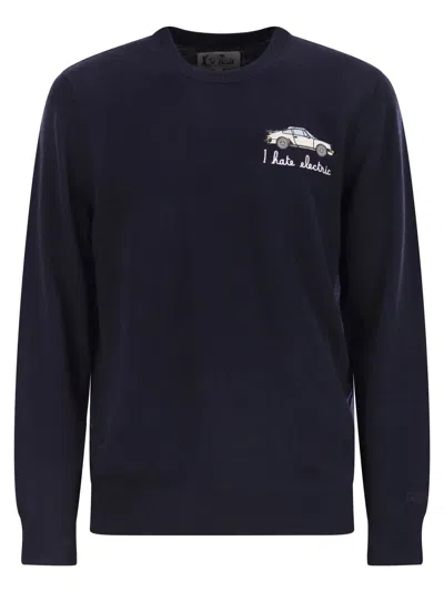 Mc2 Saint Barth Heron Crew Neck Jumper With Embroidery On The Chest In Blue