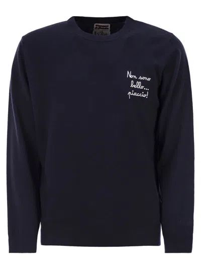 Mc2 Saint Barth Heron Crew Neck Sweater With Embroidery On The Front In Blue