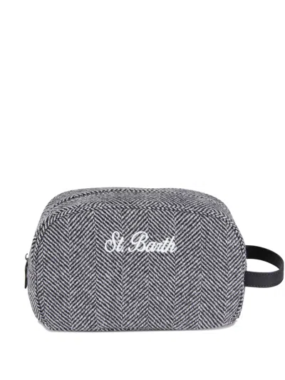 Mc2 Saint Barth Herringbone-pattern Embroidered-logo Wash Bag In Gray