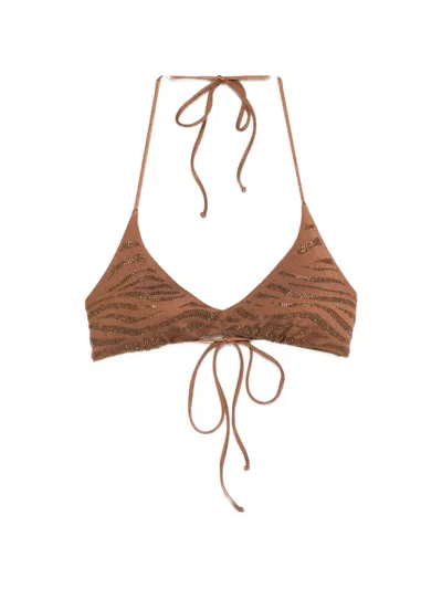 Mc2 Saint Barth Hespera Embellished Tiger-print Bikini Top In Brown