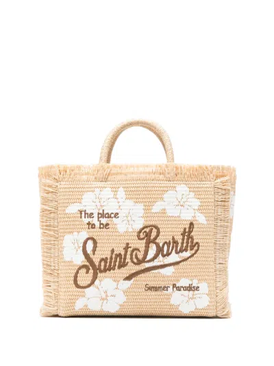 Mc2 Saint Barth Hibiscus-print Fringed Tote Bag In Neutral