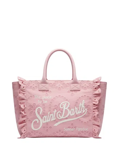 Mc2 Saint Barth Intricate Eyelet Floral Tote Bag With Ruffled Edges In Pink