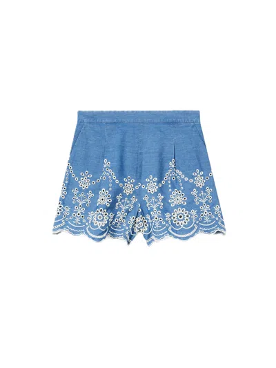Mc2 Saint Barth Intricate Floral Embroidered Blue Shorts With Tailored Fit