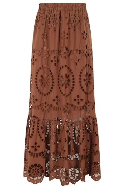 Mc2 Saint Barth Intricately Designed Long Lace Skirt In Brown