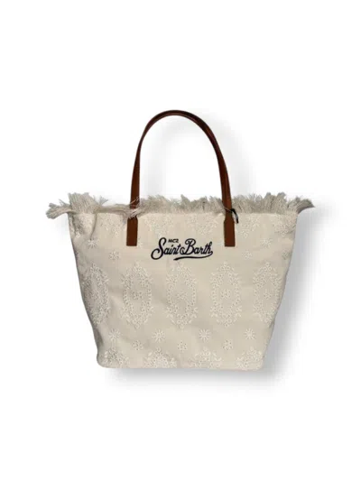 Mc2 Saint Barth Intricately Embroidered Medium Tote Bag With Fringed Edge In White