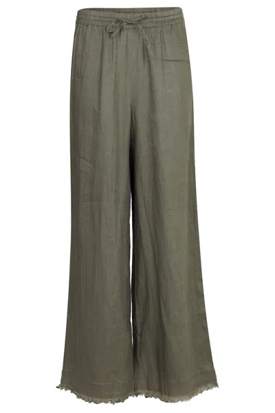 Mc2 Saint Barth Irma Khaki Linen Trousers With Frayed Hem In Gray