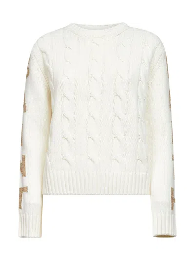 Mc2 Saint Barth Cable-knit Lettering Sleeves Sweater In White