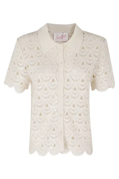 Mc2 Saint Barth Ivory Monet Crochet Striped Cotton Polo Shirt In White