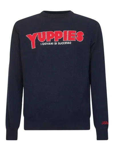 Mc2 Saint Barth Deep Navy Crew Neck Sweater With Bold Lettering In Blue