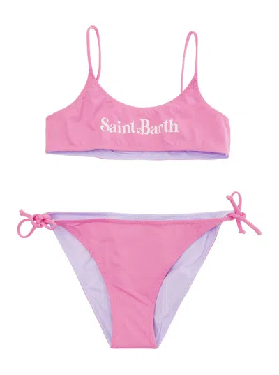 Mc2 Saint Barth Kids' Jaiden Pink And Purple Reversible Bikini With Logo Lettering In Stretch Fabric Baby