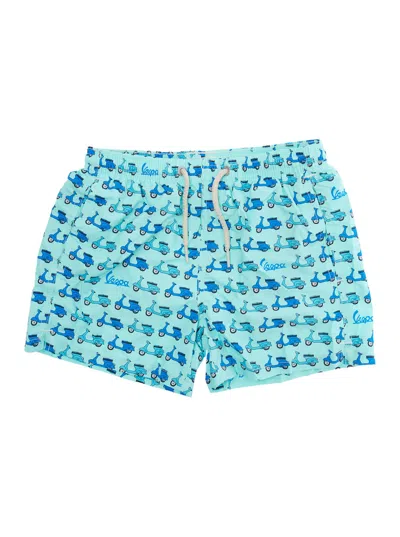 Mc2 Saint Barth Kids' Jean Lighting Light Blue Swim Shorts With Elastic Drawstring Waist And All-over Print In Tech Fabric