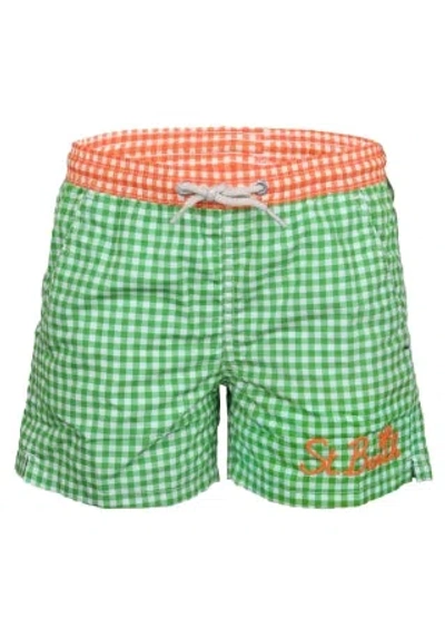 Mc2 Saint Barth Jean Pocket Checkered Green/orange Boys Swimshorts