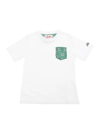 MC2 SAINT BARTH KEA WHITE CREWNECK T-SHIRT WITH LOGO LETTERING ON THE SLEEVE AND PRINT ON THE POCKET IN COTTON BOY