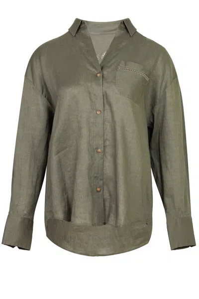 Mc2 Saint Barth Khaki Linen Cristal Shirt With Perforated Saint Barth Embroidery In Green