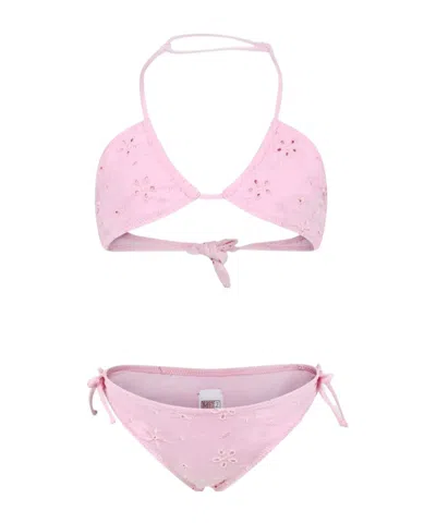 Mc2 Saint Barth Kids Aryanna Bikini With Floral Embroidery In Pink