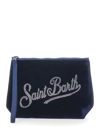 Mc2 Saint Barth Kids Mini Aline Velvet Clutch With Rhinestone Embellishment For Baby Girls In Blu